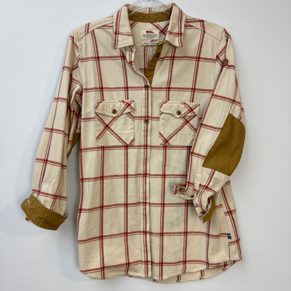 Fjallraven Flannel Shirt Womens S Cream Red Plaid G-1000 Elbow Patch Button Down